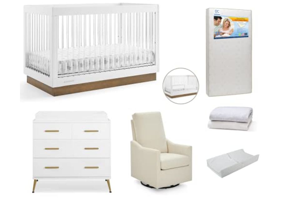 Delta Children James Crib 8-Piece Baby Nursery Furniture Set–Includes: Convertible Crib, Glider, Dresser, Changing Top, Crib Mattress, Sheets, Toddler Guardrail & Changing Pad, Bianca White/Acorn