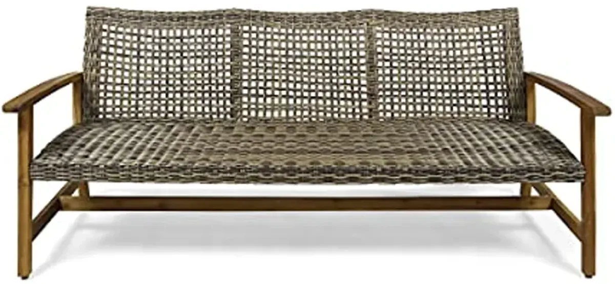 Christopher Knight Home Marcia Outdoor Wood Sofa, Wicker, 75.50 x 31.00 x 31.50, Gray, Natural Stained Finish & DC America UBP18181-BR 18" Cast Stone Umbrella Base, Bronze Powder Coated Finish