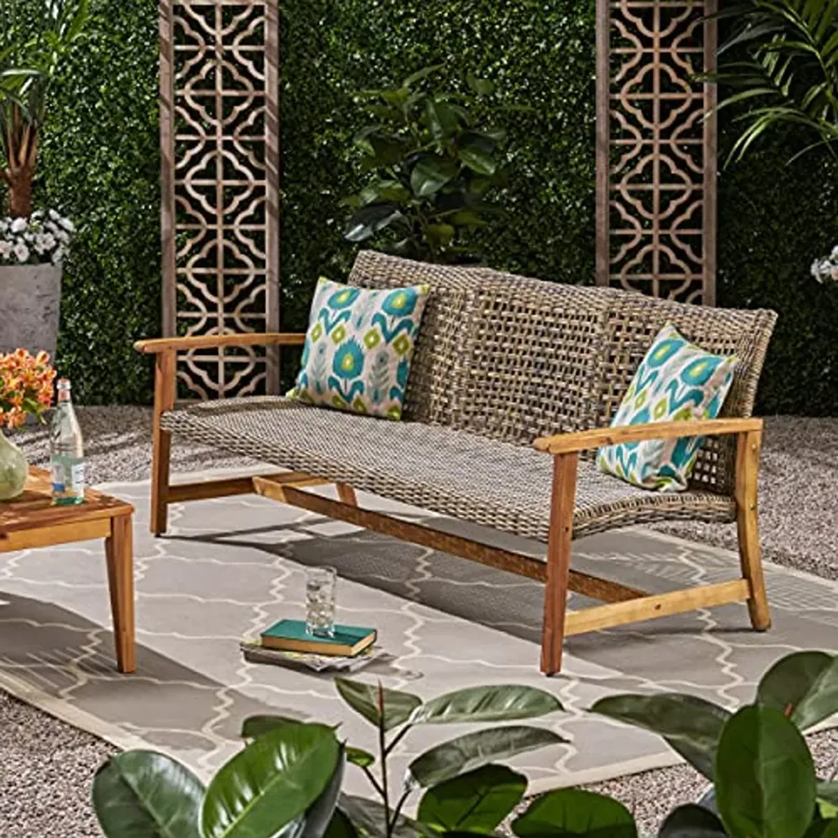 Christopher Knight Home Marcia Outdoor Wood Sofa, Wicker, 75.50 x 31.00 x 31.50, Gray, Natural Stained Finish & DC America UBP18181-BR 18" Cast Stone Umbrella Base, Bronze Powder Coated Finish