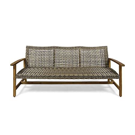 Christopher Knight Home Marcia Outdoor Wood Sofa, Wicker, 75.50 x 31.00 x 31.50, Gray, Natural Stained Finish & DC America UBP18181-BR 18" Cast Stone Umbrella Base, Bronze Powder Coated Finish