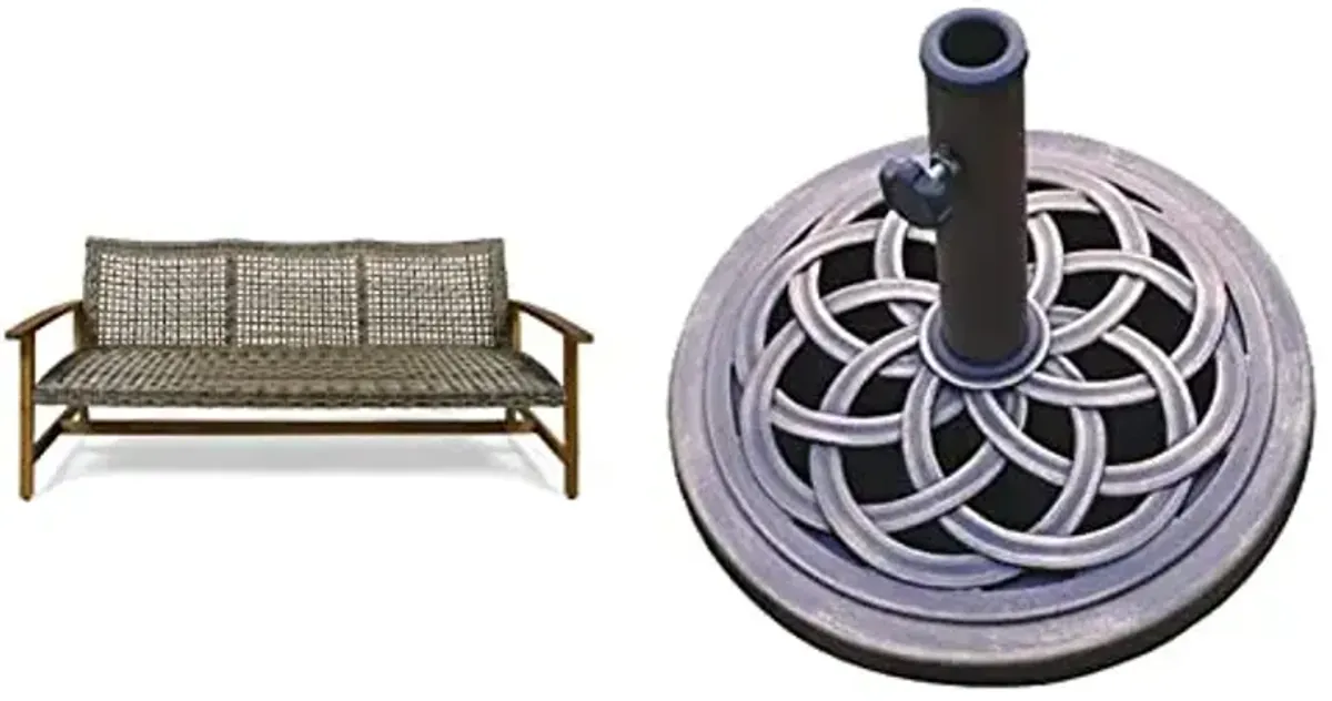 Christopher Knight Home Marcia Outdoor Wood Sofa, Wicker, 75.50 x 31.00 x 31.50, Gray, Natural Stained Finish & DC America UBP18181-BR 18" Cast Stone Umbrella Base, Bronze Powder Coated Finish