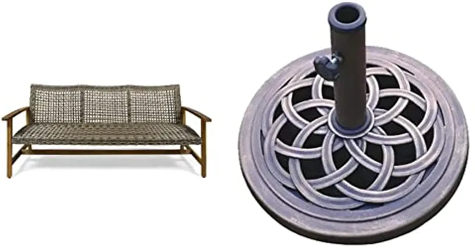 Christopher Knight Home Marcia Outdoor Wood Sofa, Wicker, 75.50 x 31.00 x 31.50, Gray, Natural Stained Finish & DC America UBP18181-BR 18" Cast Stone Umbrella Base, Bronze Powder Coated Finish