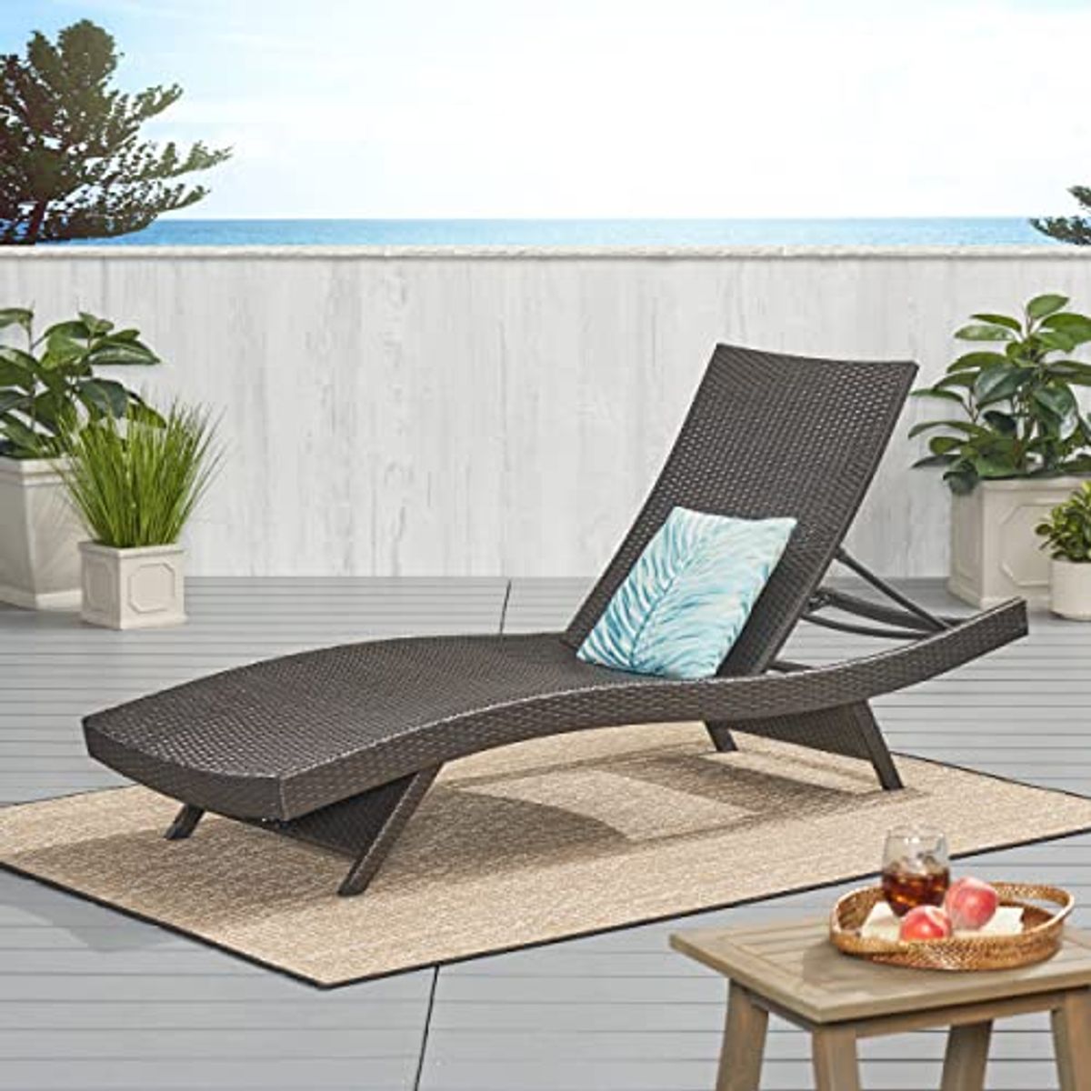 Christopher Knight Home Salem Outdoor Wicker Adjustable Chaise Lounge, Multibrown & Keaton Wicker Barrel Side Table, Multibrown