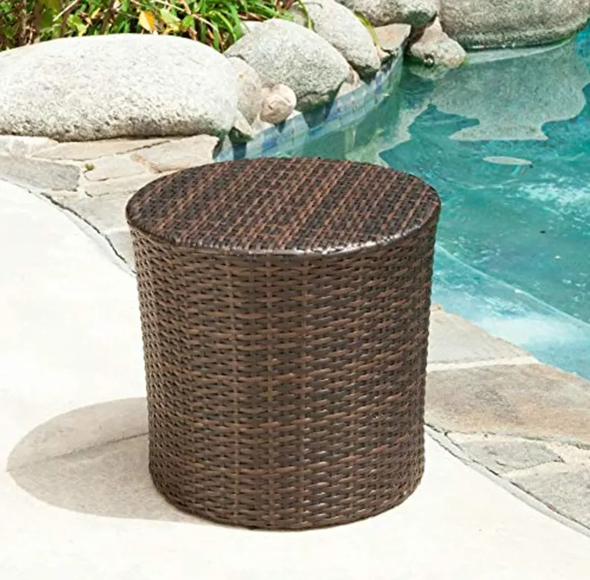 Christopher Knight Home Salem Outdoor Wicker Adjustable Chaise Lounge, Multibrown & Keaton Wicker Barrel Side Table, Multibrown