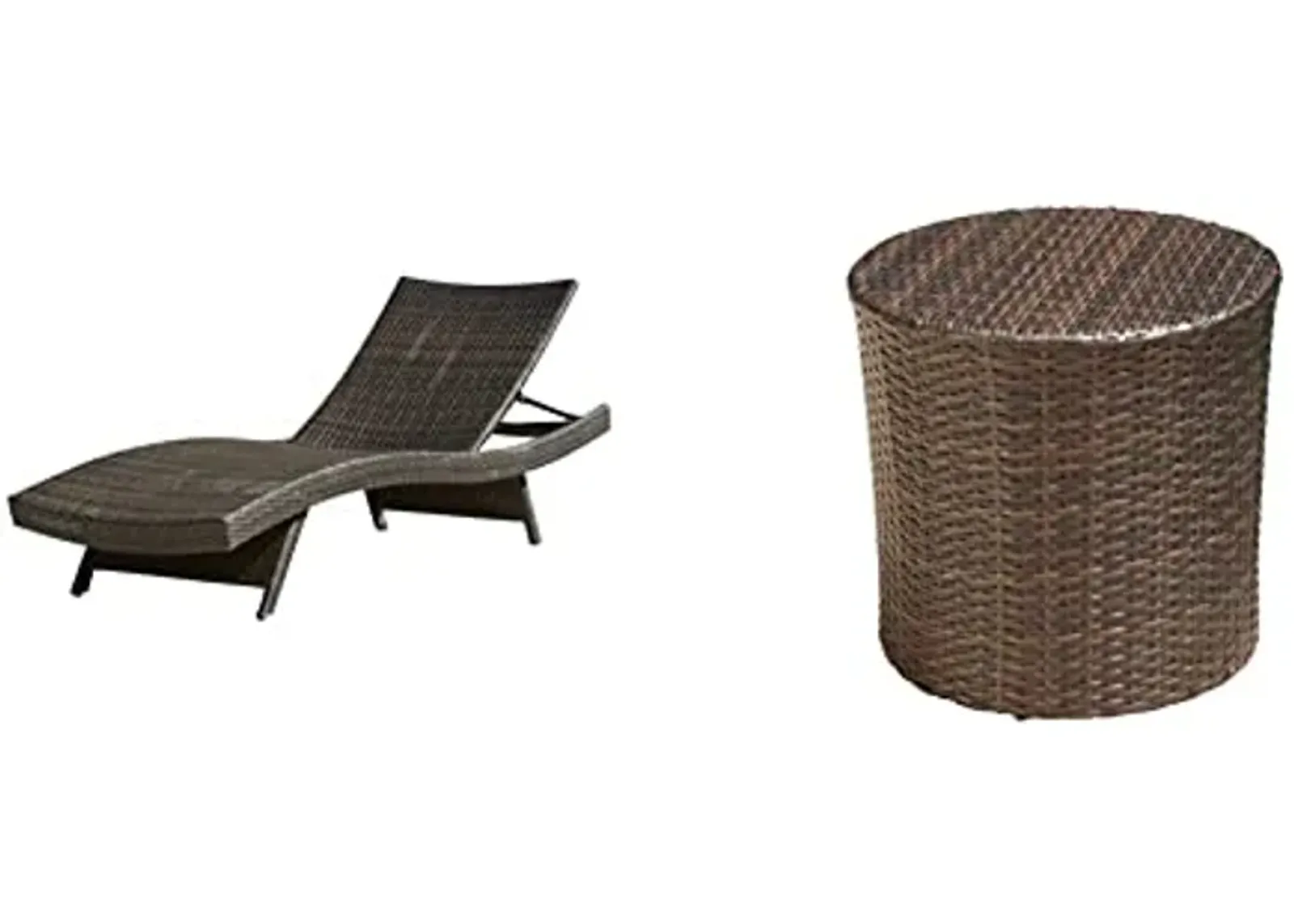 Christopher Knight Home Salem Outdoor Wicker Adjustable Chaise Lounge, Multibrown & Keaton Wicker Barrel Side Table, Multibrown