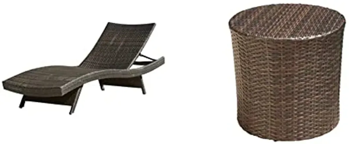 Christopher Knight Home Salem Outdoor Wicker Adjustable Chaise Lounge, Multibrown & Keaton Wicker Barrel Side Table, Multibrown