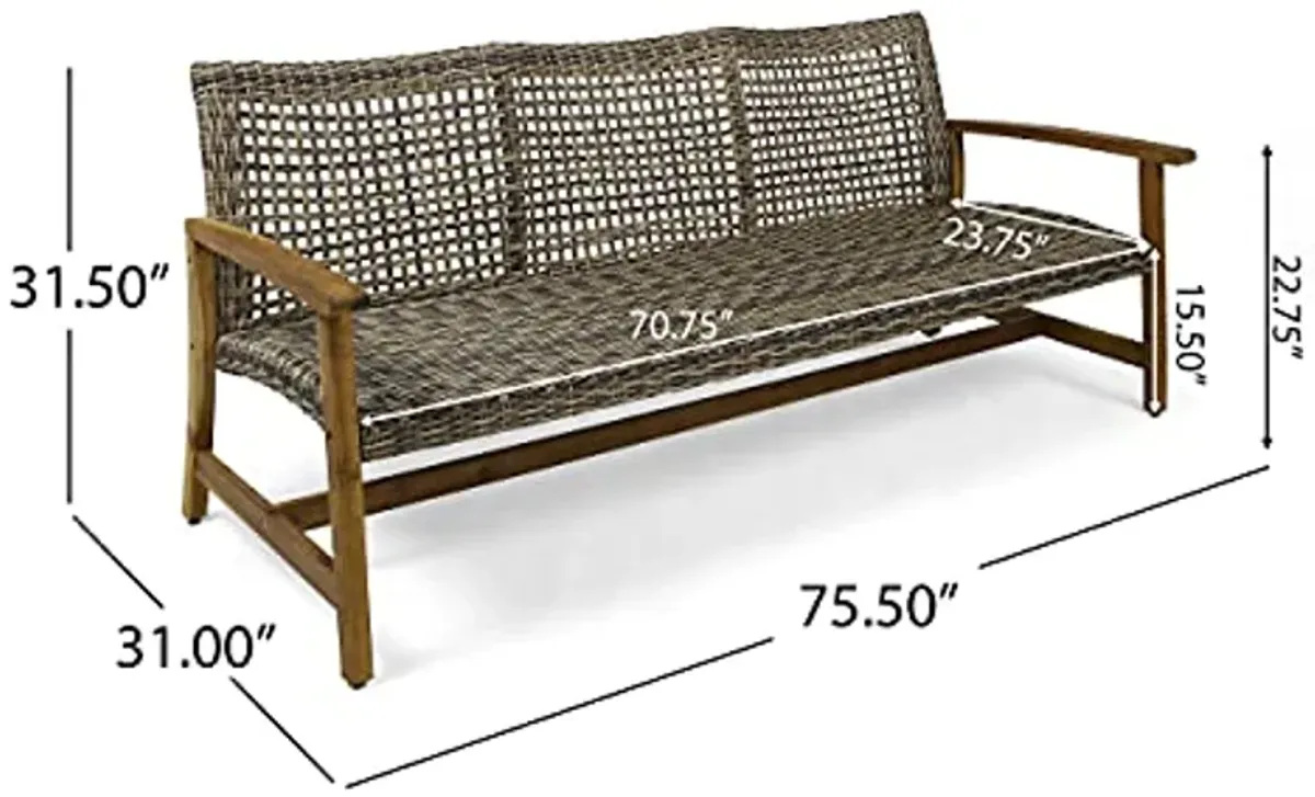 Christopher Knight Home Marcia Outdoor Wood Sofa, Wicker, 75.50 x 31.00 x 31.50, Gray, Natural Stained Finish & Carlisle Outdoor Acacia Wood Coffee Table, Sandblast/Rustic Metal