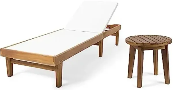 Christopher Knight Home Summerland Outdoor Mesh Chaise Lounge with Acacia Wood Frame, Teak Finish/White Mesh & Parker Outdoor 16" Acacia Wood Side Table, Teak Finish