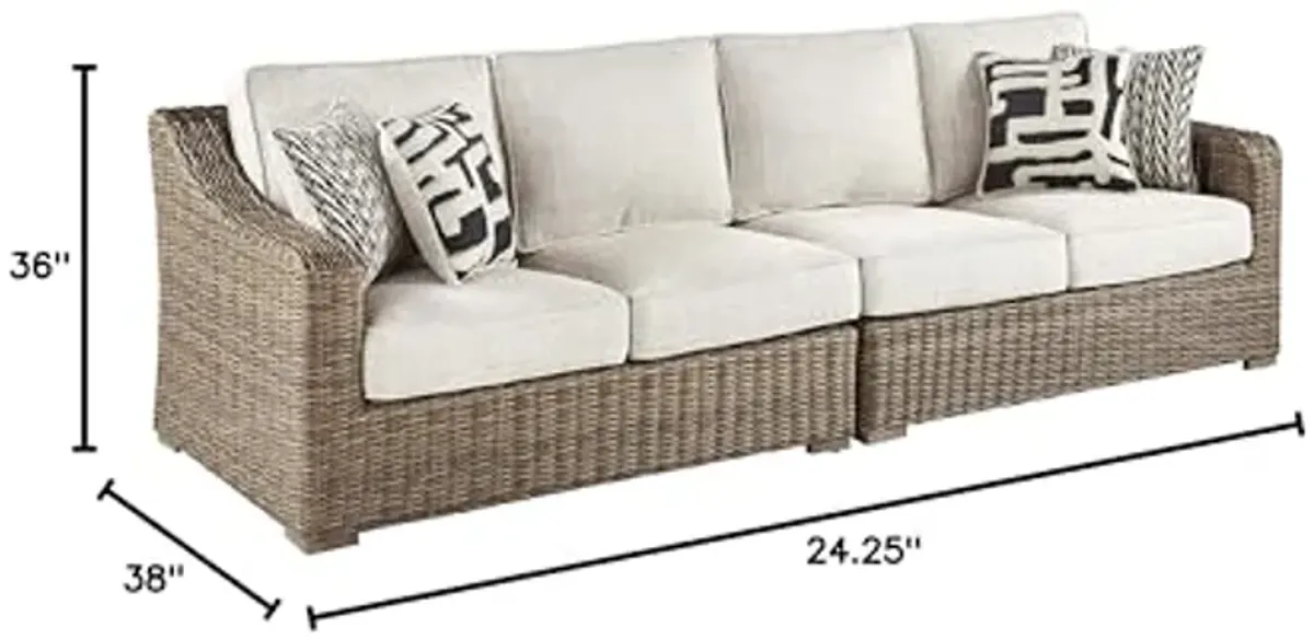 Signature Design by Ashley Beachcroft Outdoor Left & Right Arm Facing Wicker Patio Loveseats + Armless Chair, Brown & Beige