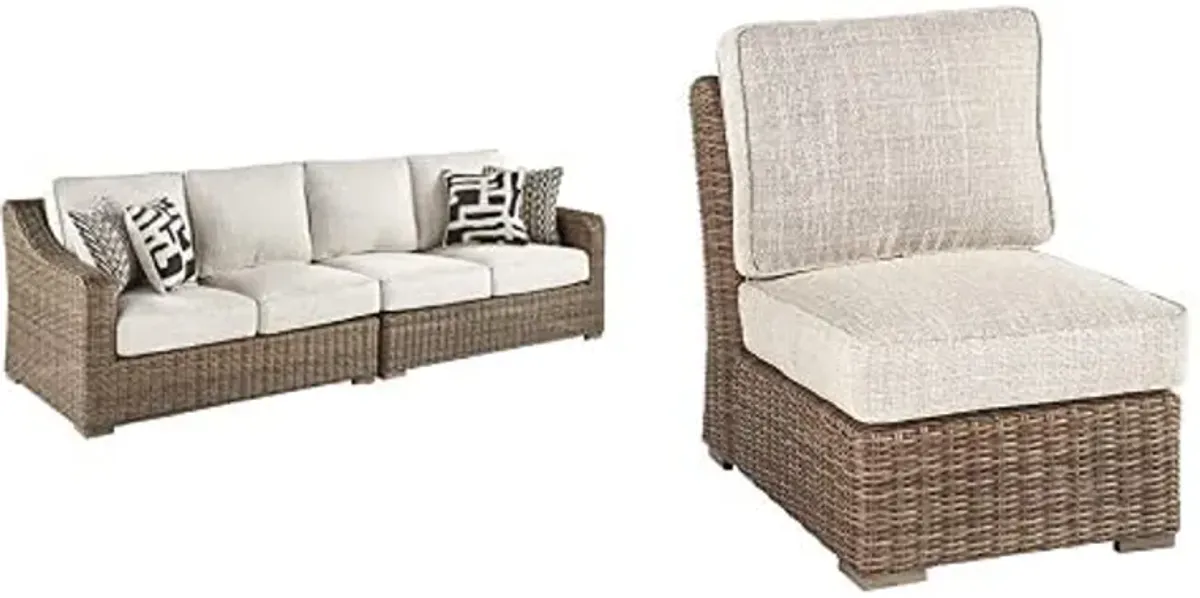 Signature Design by Ashley Beachcroft Outdoor Left & Right Arm Facing Wicker Patio Loveseats + Armless Chair, Brown & Beige