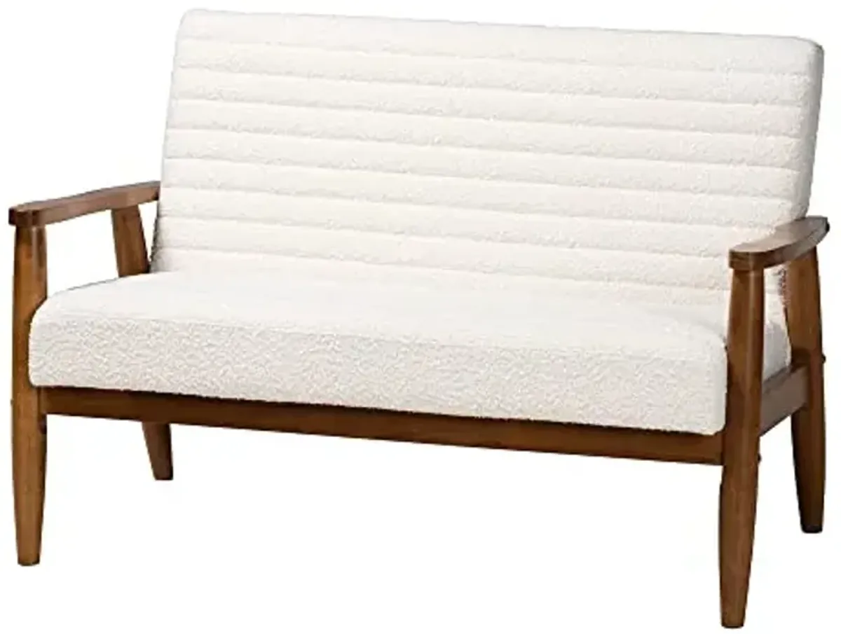 Baxton Studio Stratton Mid-Century Modern Cream Boucle Fabric and Walnut Brown Finished Wood Loveseat