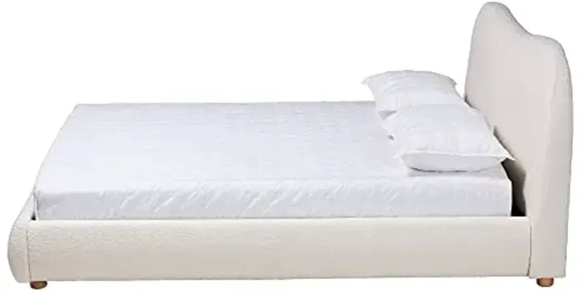 Baxton Studio Maya Mid-Century Modern Cream Boucle Fabric and Oak Brown Finished Wood Queen Size Platform Bed