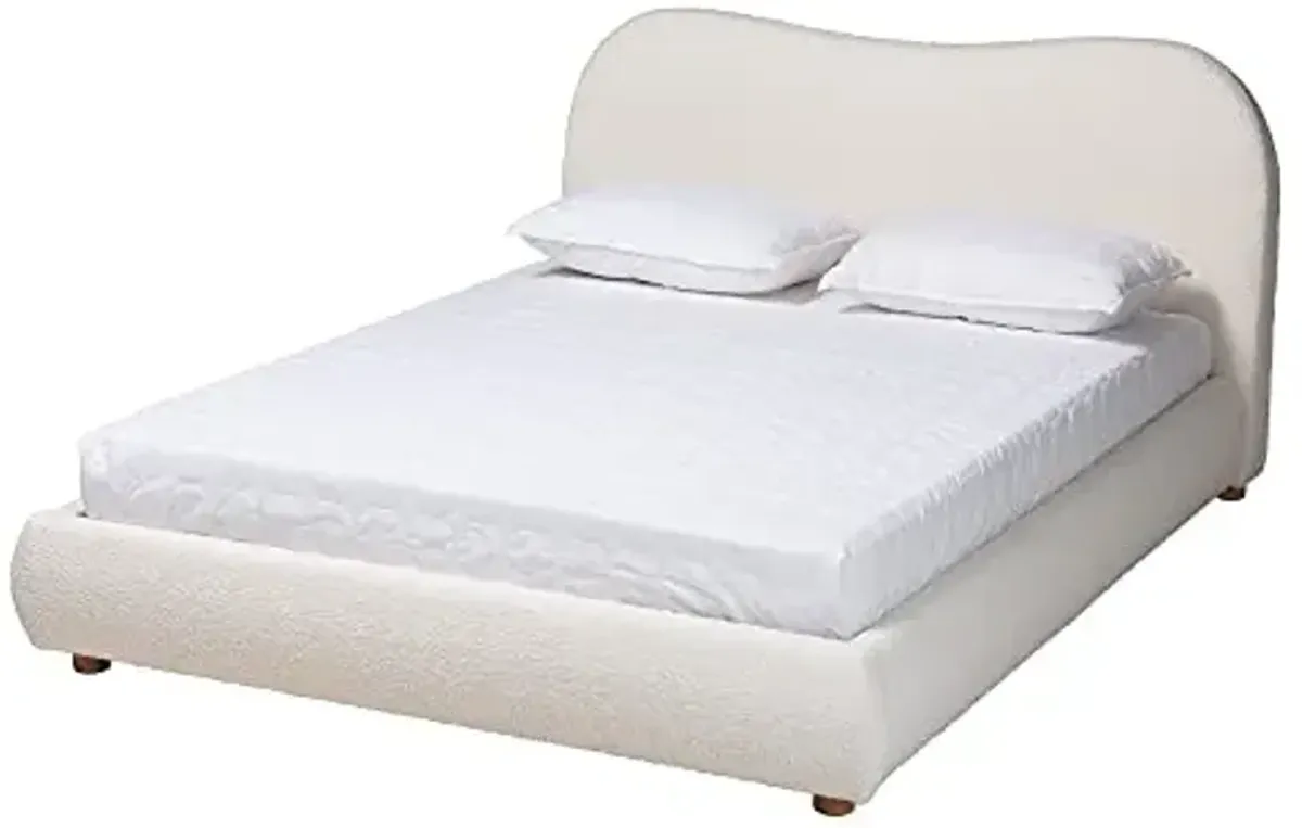 Baxton Studio Maya Mid-Century Modern Cream Boucle Fabric and Oak Brown Finished Wood Queen Size Platform Bed