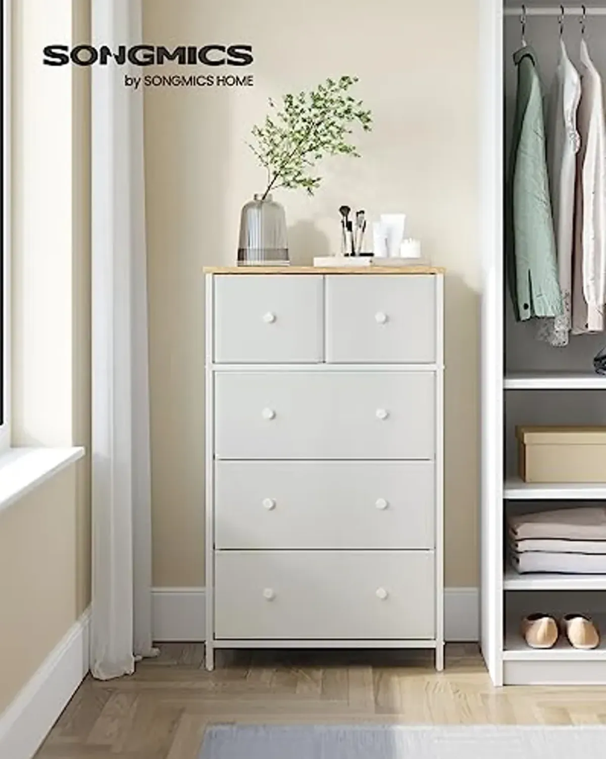 SONGMICS Drawer Dresser, Storage Dresser Tower with 5 Fabric Drawers, Dresser Unit, Hallway, White and Oak ULTS514W57