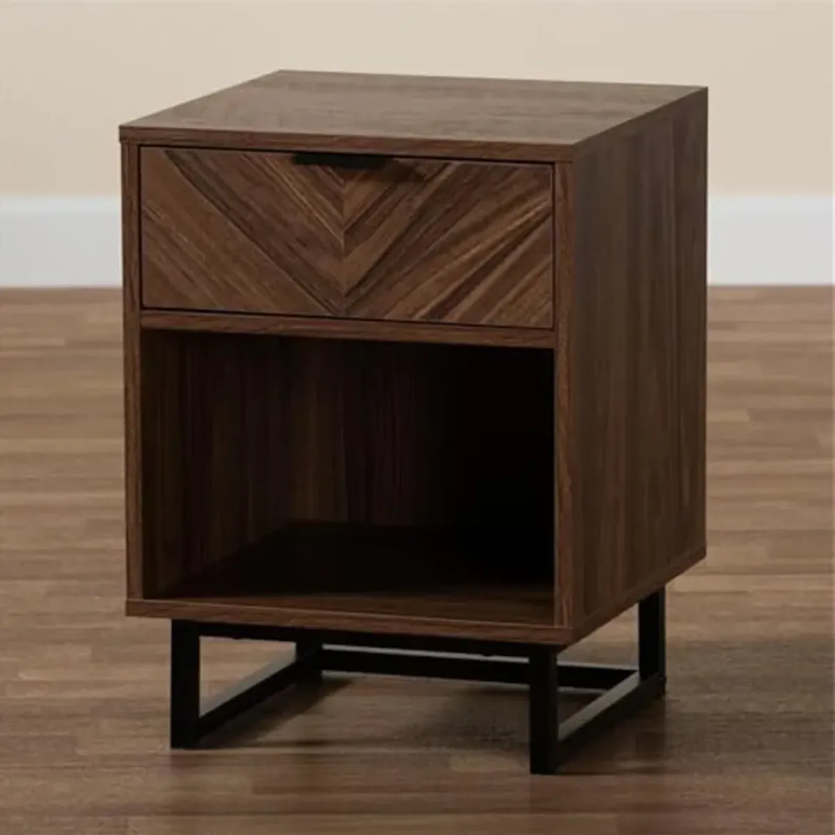 Baxton Studio Sadia Modern Walnut Brown Finished Wood and Black Metal 1-Drawer End Table