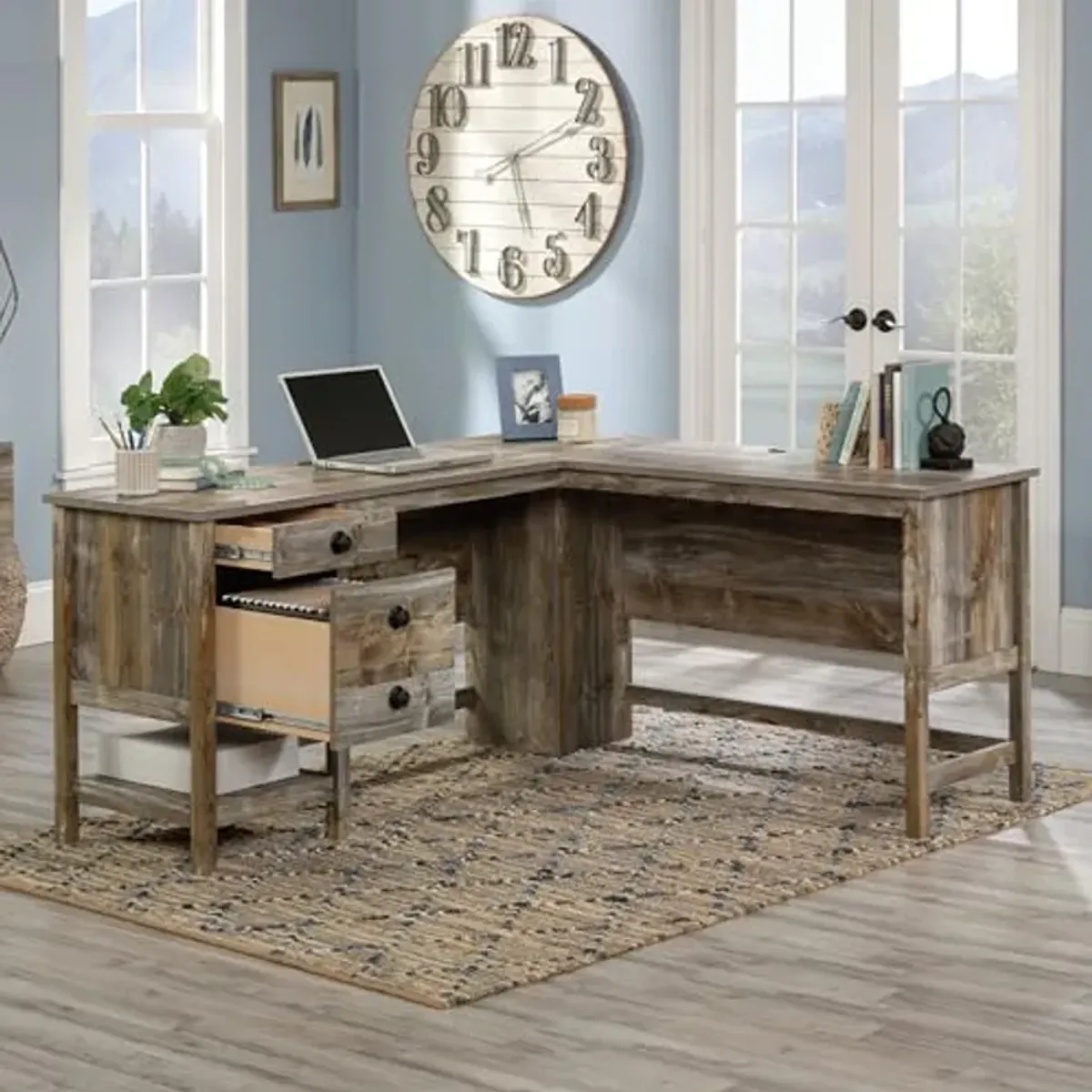 Sauder Cottage Road L Shaped Desk Computer Desk with Drawers, Home Office Desk with Optional File Cabinet Storage, Cable Management, in Rustic Cedar Finish