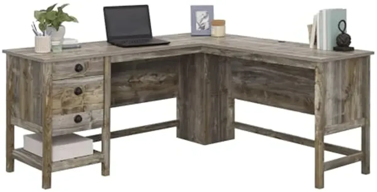 Sauder Cottage Road L Shaped Desk Computer Desk with Drawers, Home Office Desk with Optional File Cabinet Storage, Cable Management, in Rustic Cedar Finish