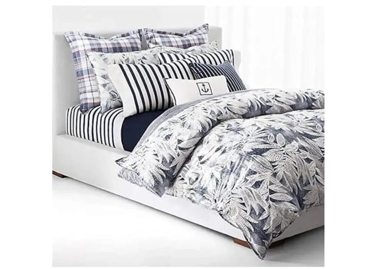 Lauren Ralph Lauren Evan Blue Palm Floral Stripe 3 Pc Full Queen Duvet Cover Set