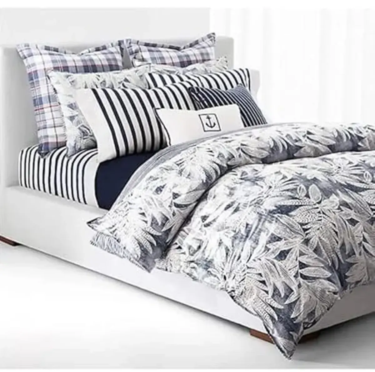 Lauren Ralph Lauren Evan Blue Palm Floral Stripe 3 Pc Full Queen Duvet Cover Set