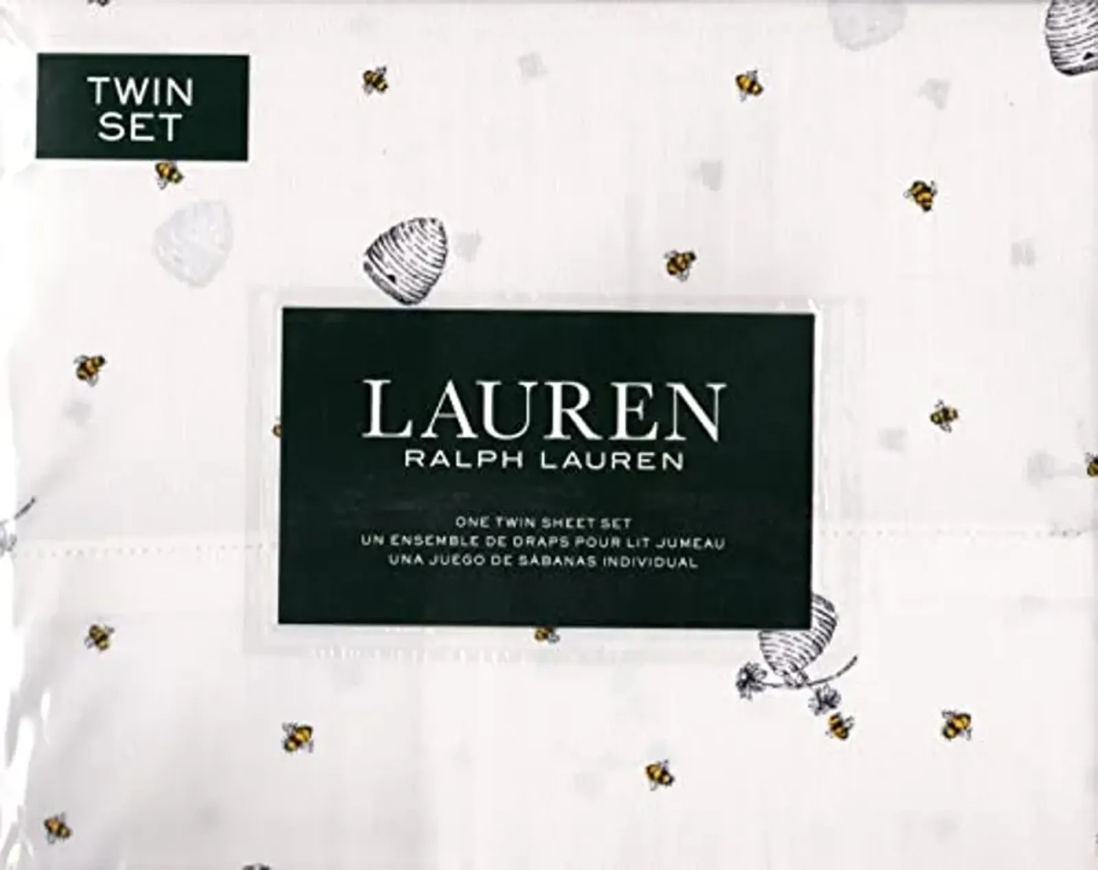 Lauren Ralph Lauren Honeybee Bees Beehive 3 pc Twin Sheet Set Black Gray on White