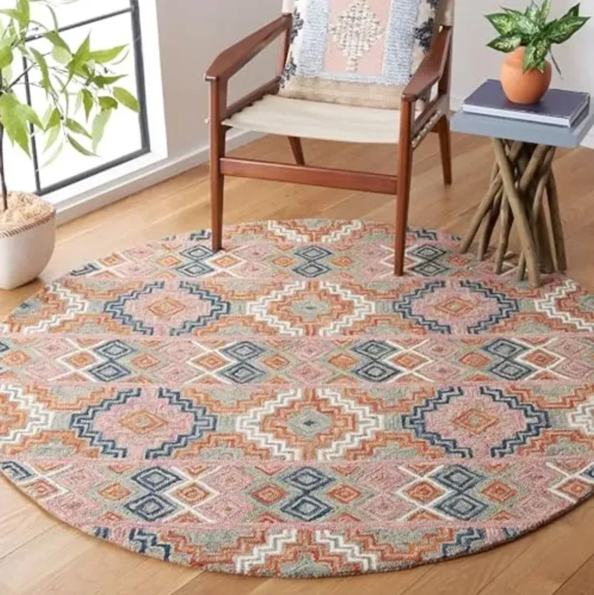 SAFAVIEH Aspen Collection Area Rug - 9' Round, Orange & Fuchsia, Handmade Boho Wool, Ideal for High Traffic Areas in Living Room, Bedroom (APN279P)