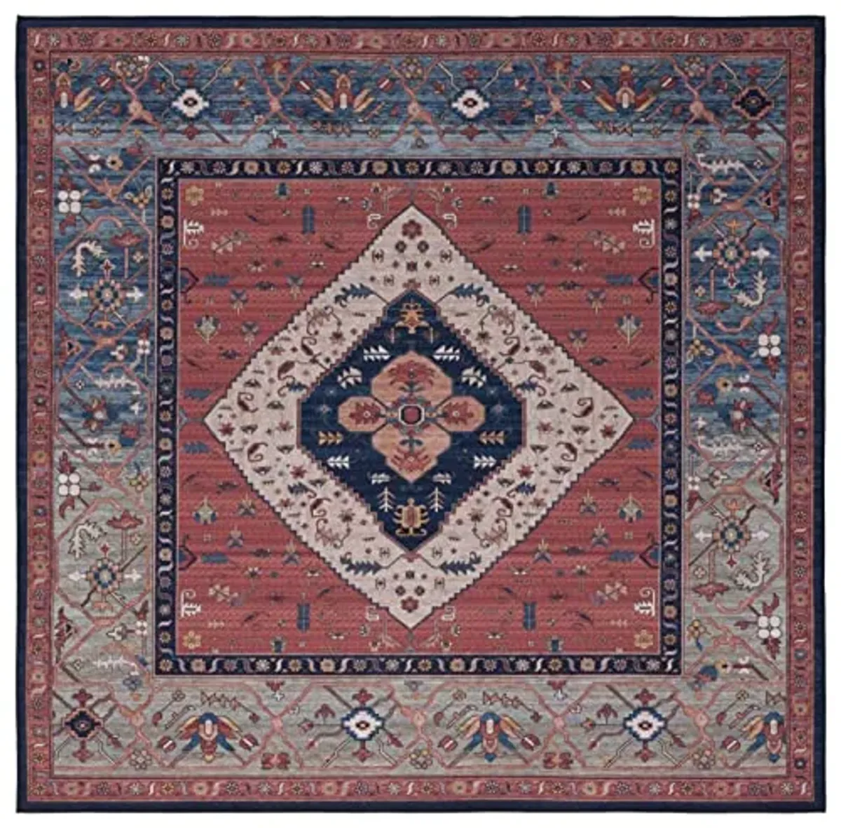 SAFAVIEH Washable Rug Tucson Collection - 4' Square, Rust & Blue, Slip Resistant & Easy to Clean, Ideal for Foyer, Kitchen, Nursery, Office, Bedroom (TSN153P)