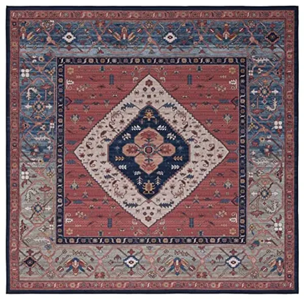 SAFAVIEH Washable Rug Tucson Collection - 4' Square, Rust & Blue, Slip Resistant & Easy to Clean, Ideal for Foyer, Kitchen, Nursery, Office, Bedroom (TSN153P)