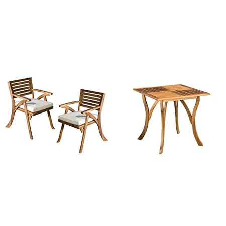 Christopher Knight Home Hermosa Outdoor Acacia Wood Arm Chairs, 2-Pcs Set, Teak Finish/Cream & Hermosa Acacia Wood Square Table, Teak Finish