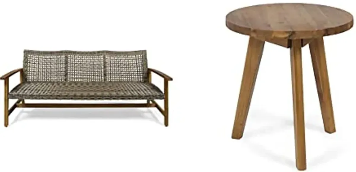 Christopher Knight Home Marcia Outdoor Wicker Sofa + Gino Outdoor Acacia Wood Side Table