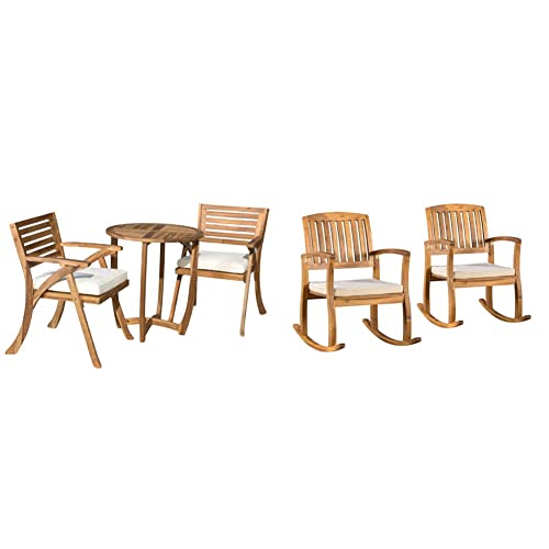 Christopher Knight Home Coronado Acacia Wood Bistro Set, 3-Pcs Set, Teak Finish & Selma Acacia Rocking Chairs with Cushions, 2-Pcs Set, Teak Finish