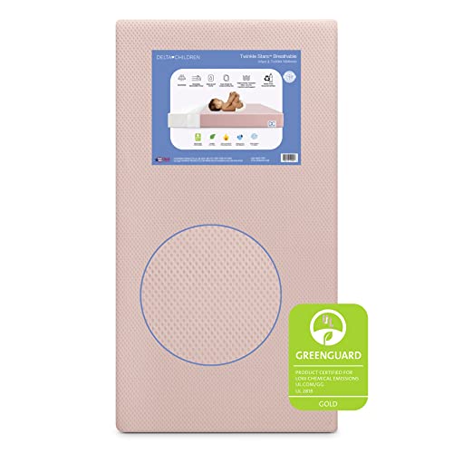 Delta Children Twinkle Stars Breathable Baby Bed Crib Mattress and Toddler Mattress with Removable/Machine Washable Cover - GREENGUARD Gold – Waterproof - Sustainably Sourced Core Fiber Core, Pink