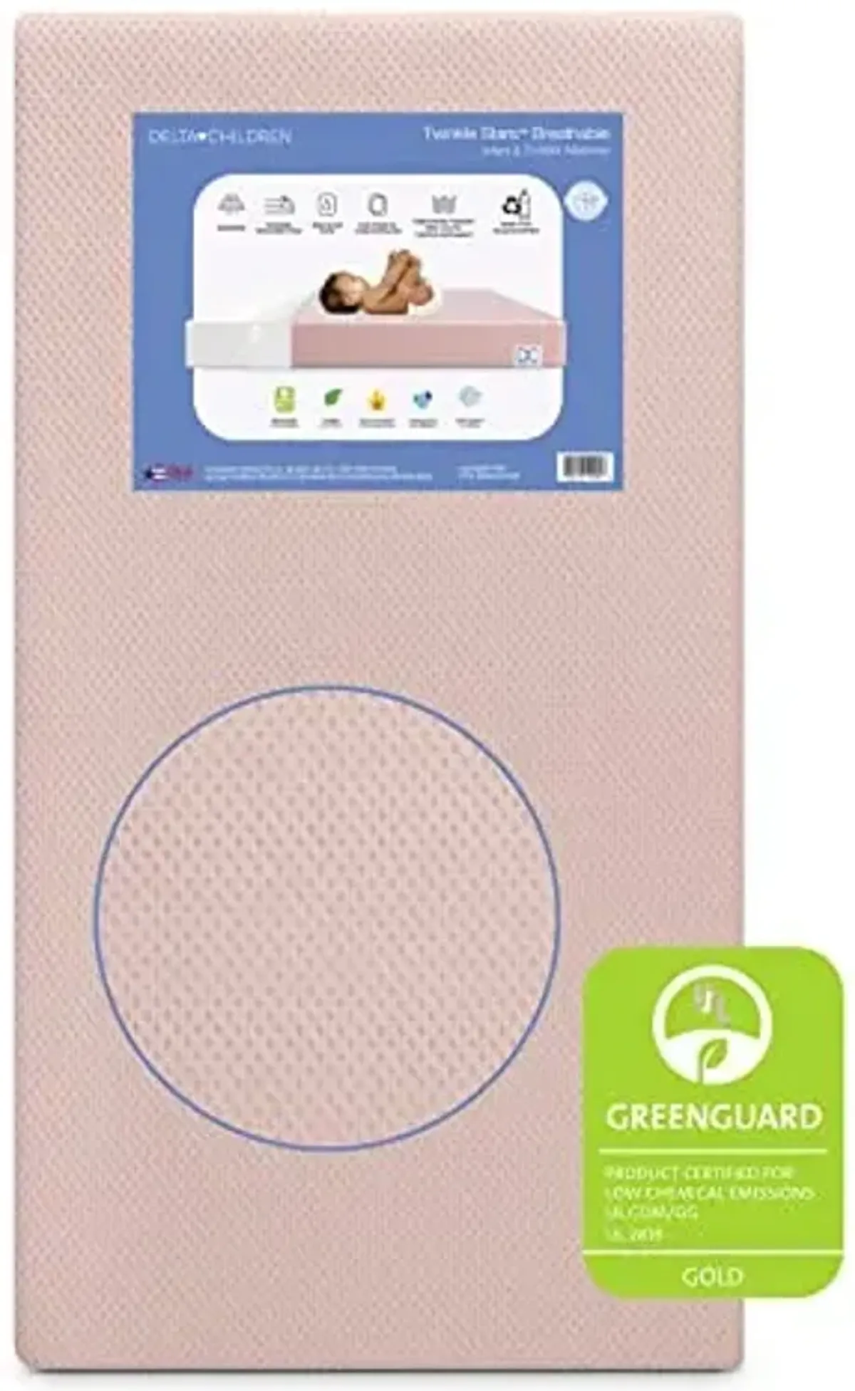 Delta Children Twinkle Stars Crib and Toddler Mattress with Breathable, Removable Machine-Washable Cover - GREENGUARD Gold - Waterproof Baby Bed - Sustainably Sourced Fiber Core - 52”Lx27.5”W, Pink