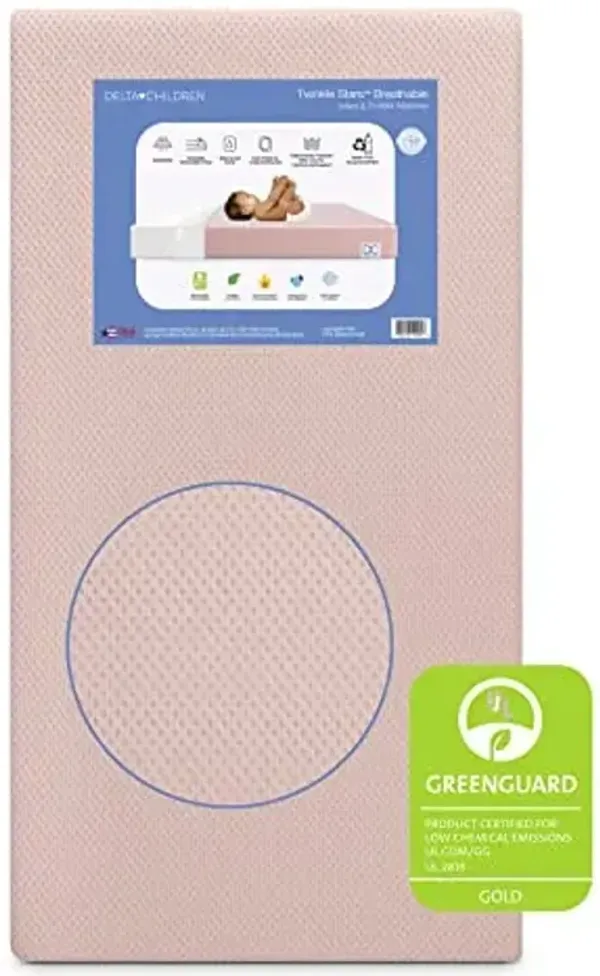 Delta Children Twinkle Stars Crib and Toddler Mattress with Breathable, Removable Machine-Washable Cover - GREENGUARD Gold - Waterproof Baby Bed - Sustainably Sourced Fiber Core - 52”Lx27.5”W, Pink