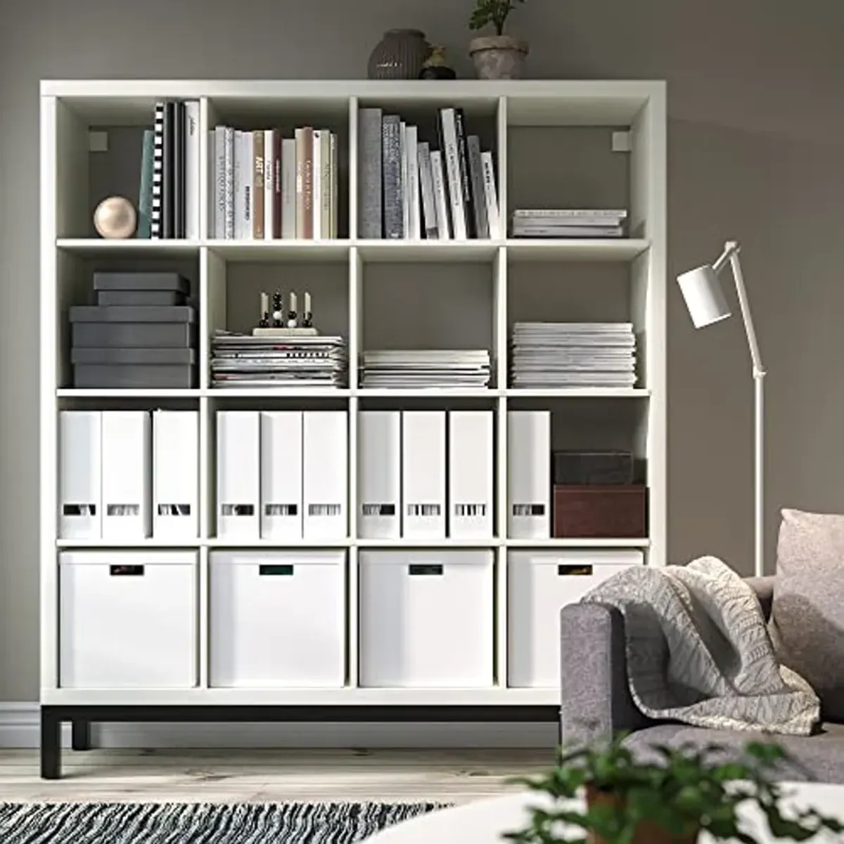 IKEA KALLAX shelving unit with underframe, 147x164 cm, white/black