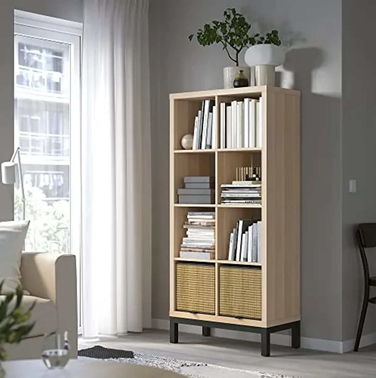 IKEA KALLAX shelving unit with underframe, 77x164 cm, white stained oak effect/black