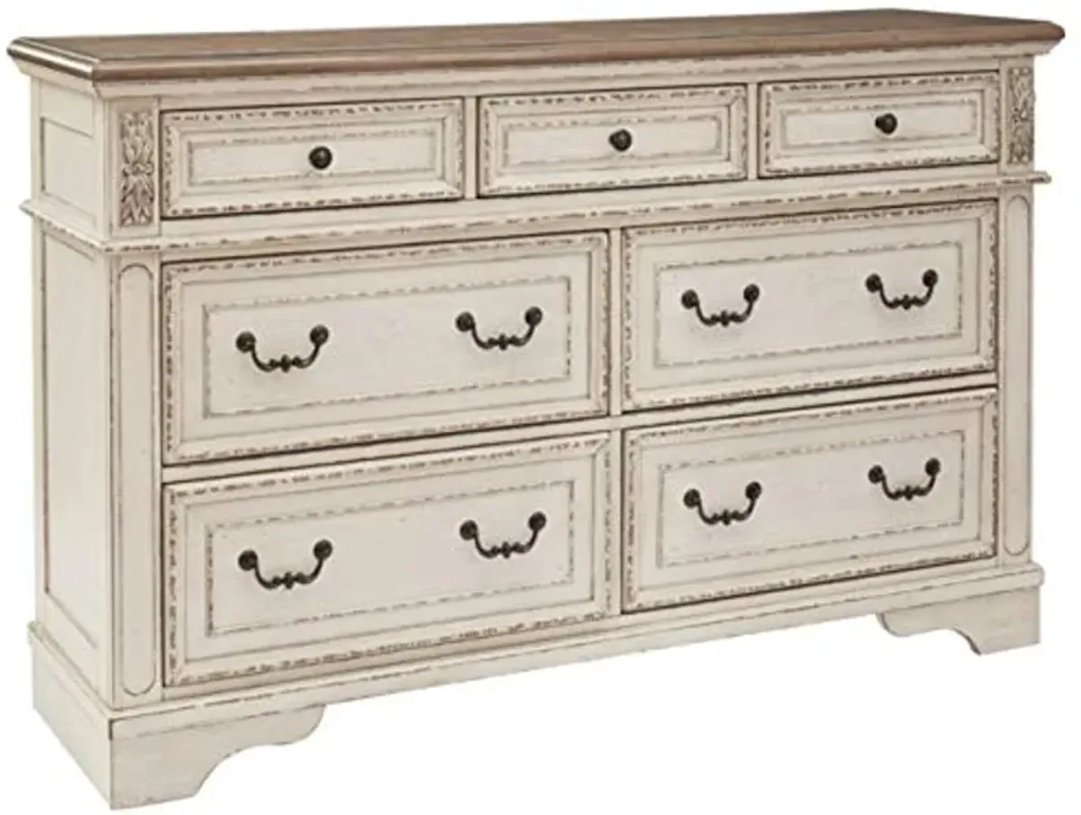 Signature Design by Ashley Realyn French Country 7 Drawer Two Tone Dresser (Chipped White) and Round End Table Bundle