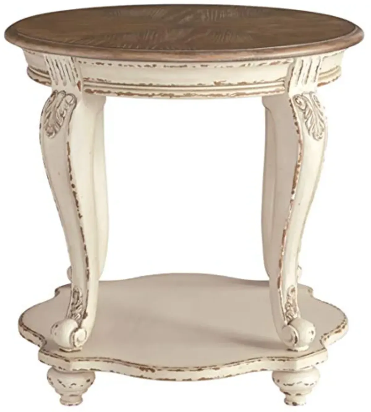 Signature Design by Ashley Realyn French Country 7 Drawer Two Tone Dresser (Chipped White) and Round End Table Bundle