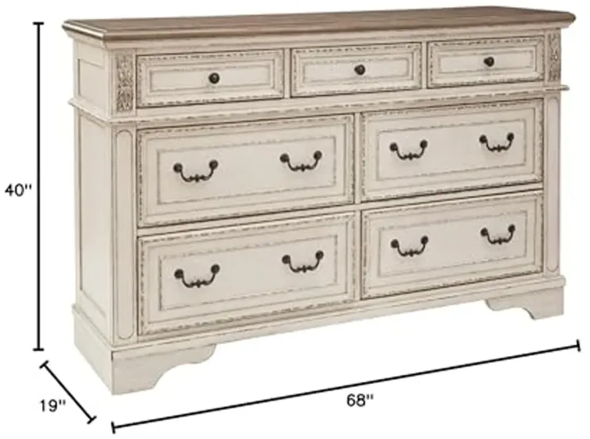 Signature Design by Ashley Realyn French Country 7 Drawer Two Tone Dresser (Chipped White) and Round End Table Bundle