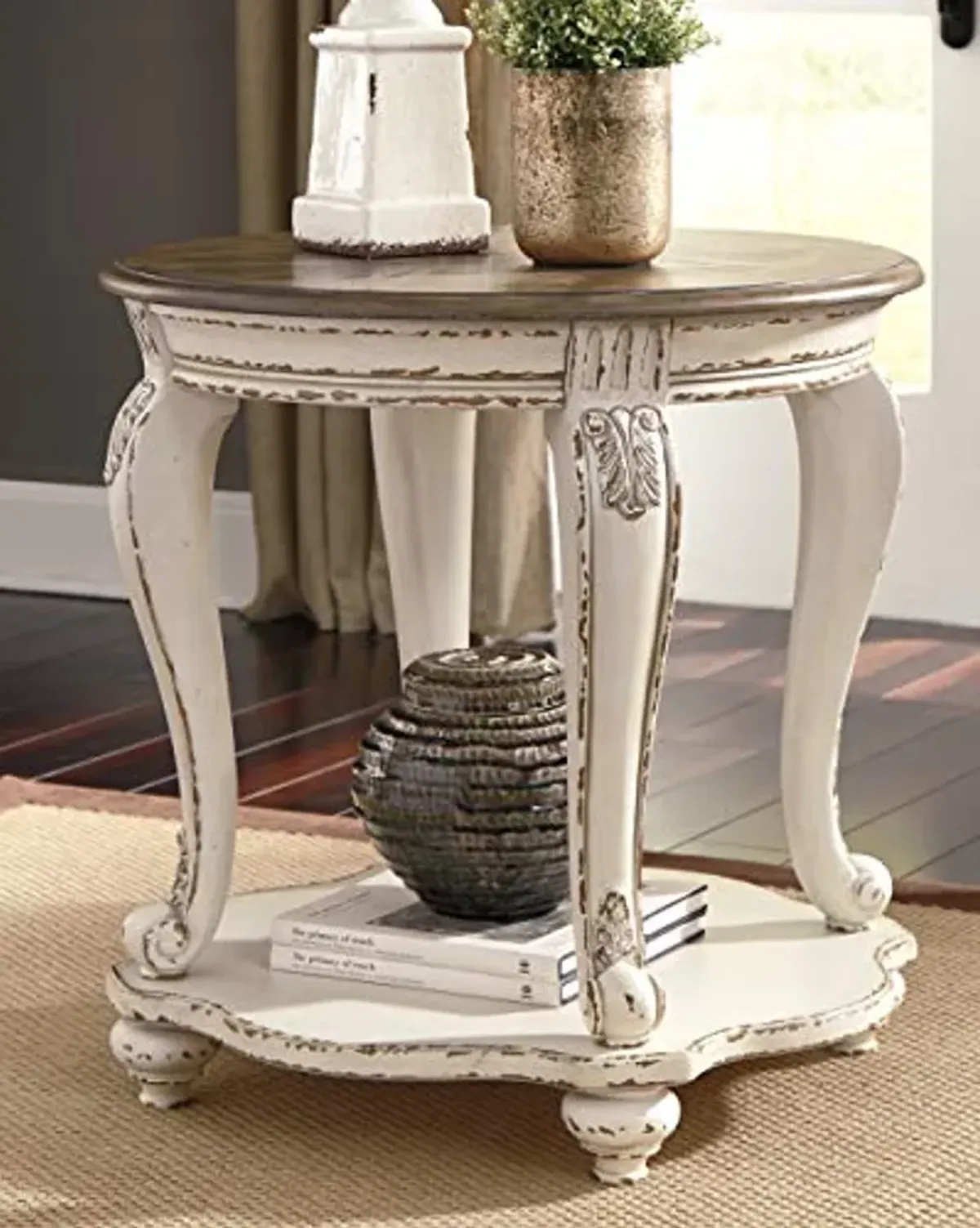 Signature Design by Ashley Realyn French Country 7 Drawer Two Tone Dresser (Chipped White) and Round End Table Bundle