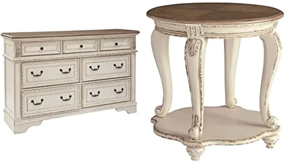 Signature Design by Ashley Realyn French Country 7 Drawer Two Tone Dresser (Chipped White) and Round End Table Bundle