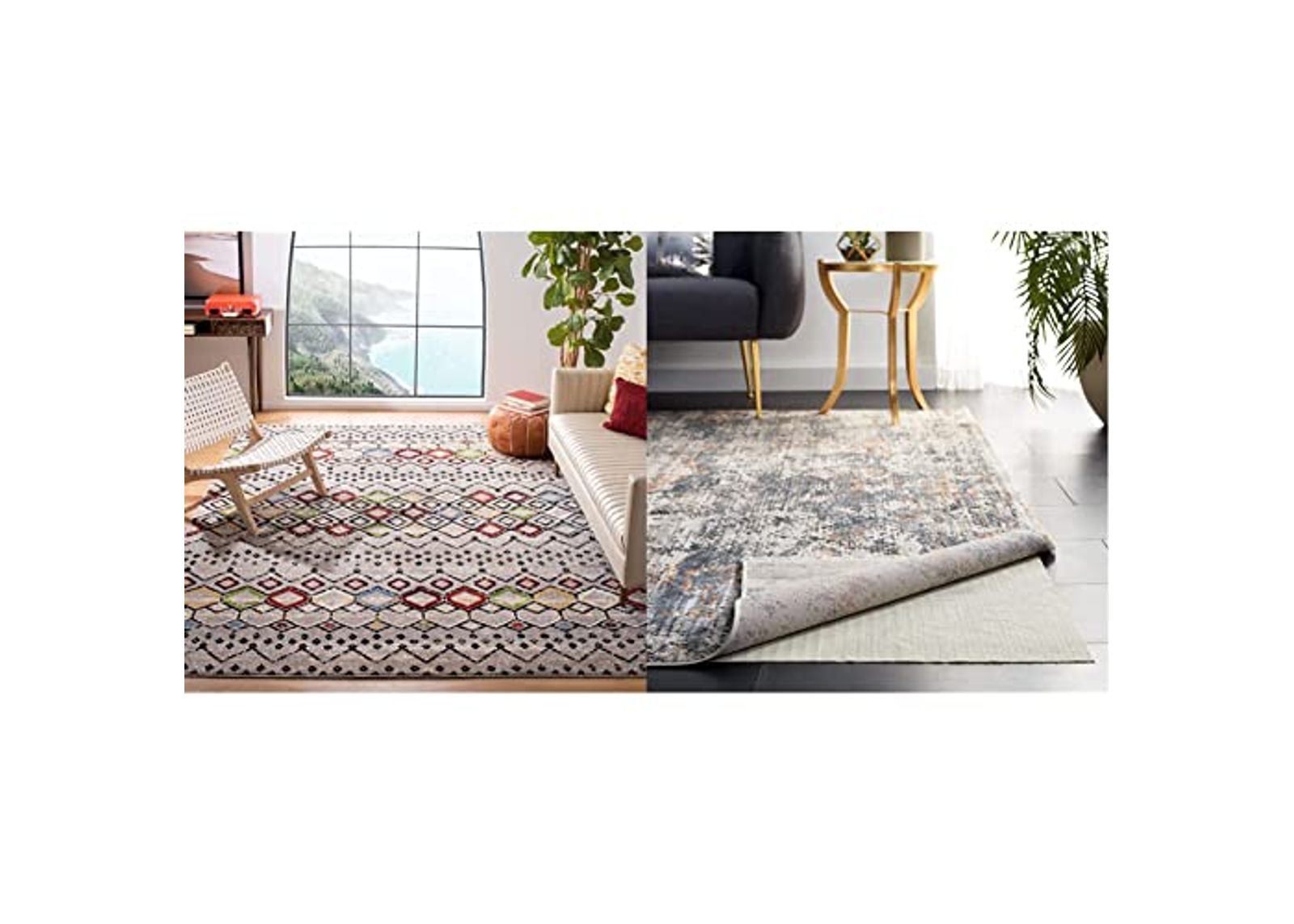 Safavieh Amsterdam Collection 8'x10' Light Grey/Multi AMS108G Moroccan Boho Non-Shedding Living Room Bedroom Dining Home Office & Padding Collection 8 feet by 10 feet 8'x10' PAD121 White Area Rug