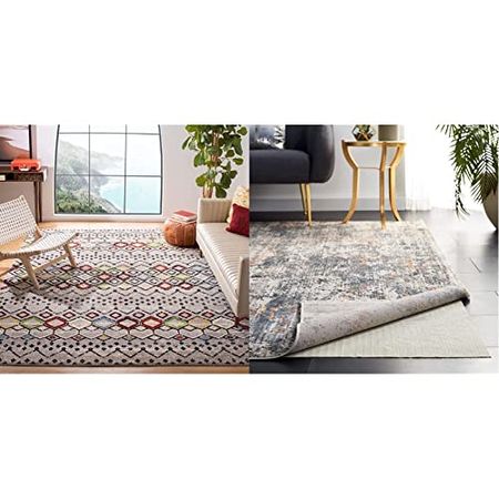 Safavieh Amsterdam Collection 8'x10' Light Grey/Multi AMS108G Moroccan Boho Non-Shedding Living Room Bedroom Dining Home Office & Padding Collection 8 feet by 10 feet 8'x10' PAD121 White Area Rug