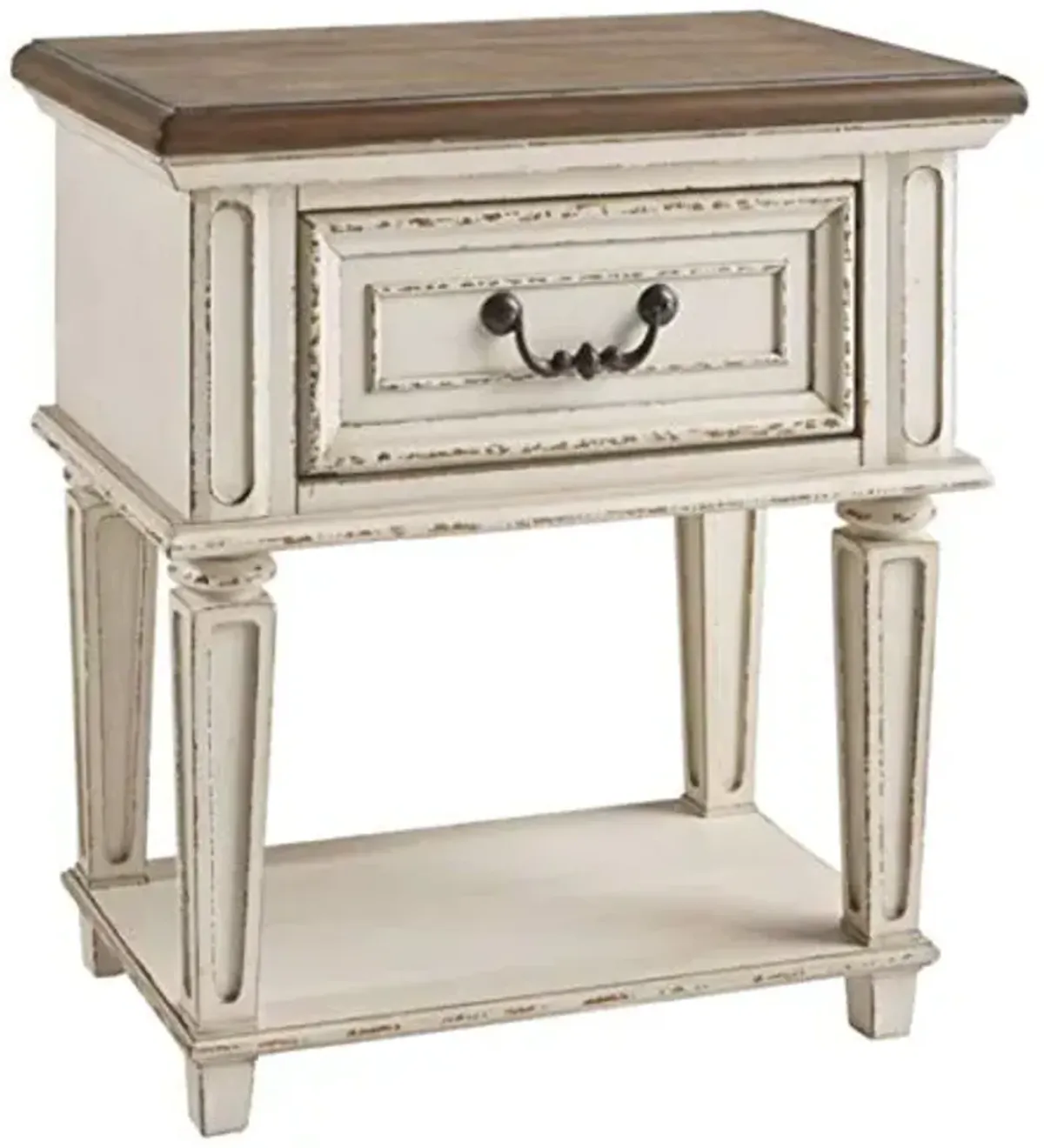 Signature Design by Ashley Realyn Traditional Cottage Nightstand and Round End Table Bundle, Chipped White
