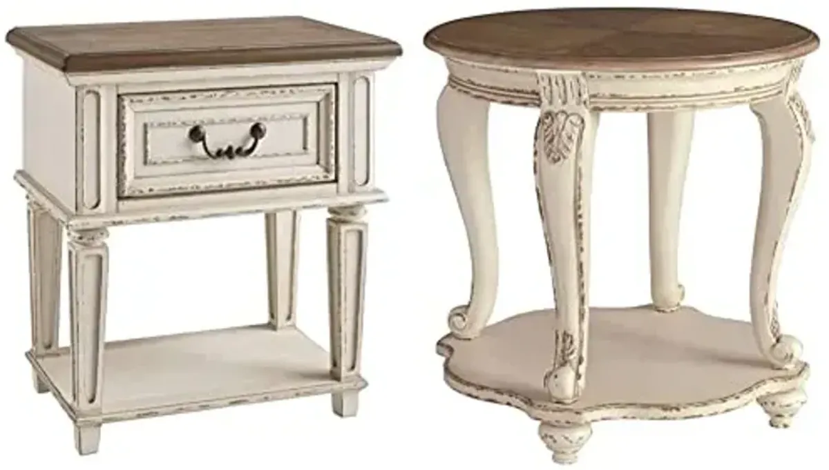 Signature Design by Ashley Realyn Traditional Cottage Nightstand and Round End Table Bundle, Chipped White