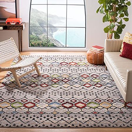 Safavieh Amsterdam Collection 8'x10' Light Grey/Multi AMS108G Moroccan Boho Non-Shedding Living Room Bedroom Dining Home Office & Padding Collection 8 feet by 10 feet 8'x10' PAD110 Cream Area Rug