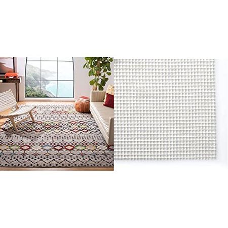 Safavieh Amsterdam Collection 8'x10' Light Grey/Multi AMS108G Moroccan Boho Non-Shedding Living Room Bedroom Dining Home Office & Padding Collection 8 feet by 10 feet 8'x10' PAD110 Cream Area Rug
