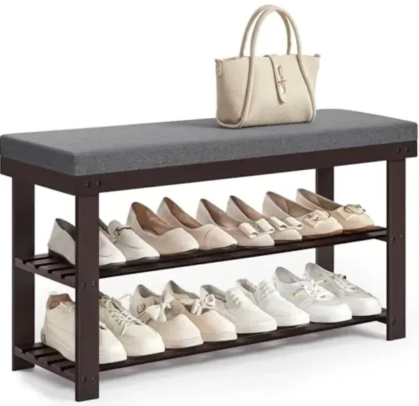SONGMICS Bamboo Shoe Bench, 3-Tier Shoe Rack Organizer for Entryway, Living Room, Bench Seat Holds Up to 300 lb, 11.9 x 35.4 x 19.2 Inches, Rustic Walnut and Slate Gray ULBS904B32
