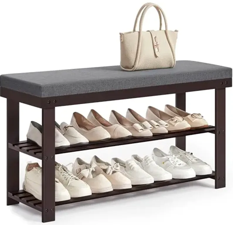 SONGMICS Bamboo Shoe Bench, 3-Tier Shoe Rack Organizer for Entryway, Living Room, Bench Seat Holds Up to 300 lb, 11.9 x 35.4 x 19.2 Inches, Rustic Walnut and Slate Gray ULBS904B32