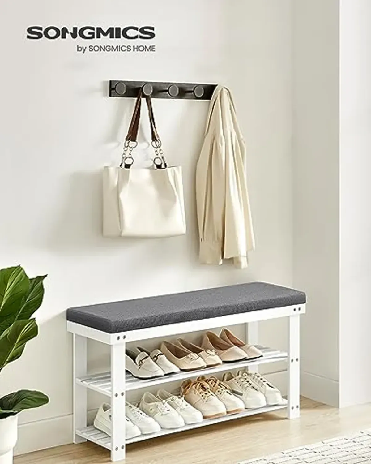 SONGMICS Bamboo Shoe Bench, 3-Tier Shoe Rack, Stable Shoe Organizer for Entryway, Living Room, Bench Seat Holds Up to 300 lb, 11.4 x 35.4 x 19.3 Inches, White and Gray ULBS904W01