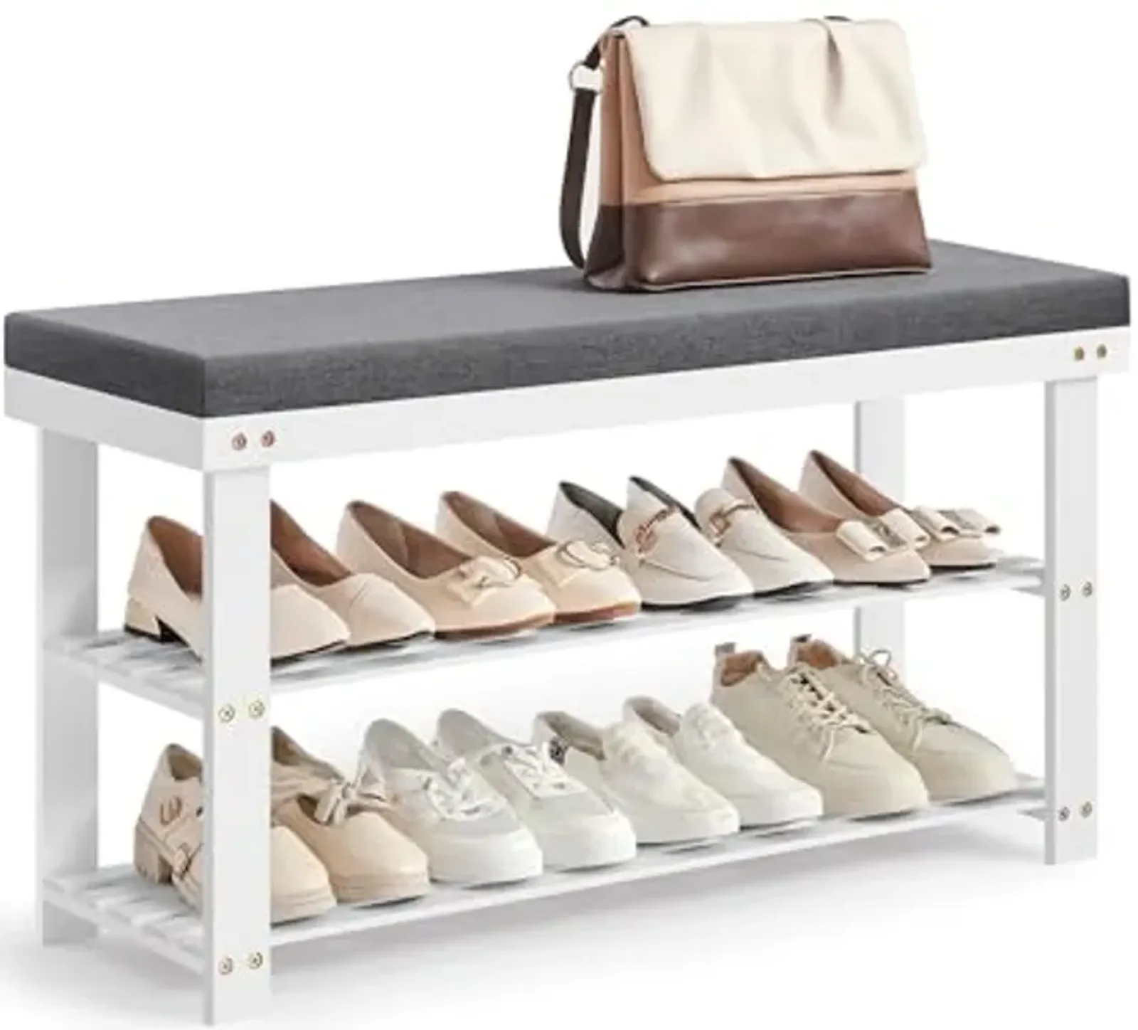 SONGMICS Bamboo Shoe Bench, 3-Tier Shoe Rack, Stable Shoe Organizer for Entryway, Living Room, Bench Seat Holds Up to 300 lb, 11.4 x 35.4 x 19.3 Inches, White and Gray ULBS904W01